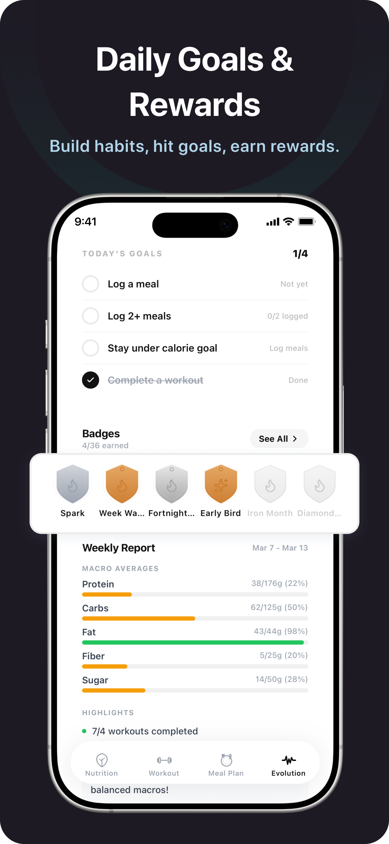 Daily goals and 36 unique achievement badges — gamification system